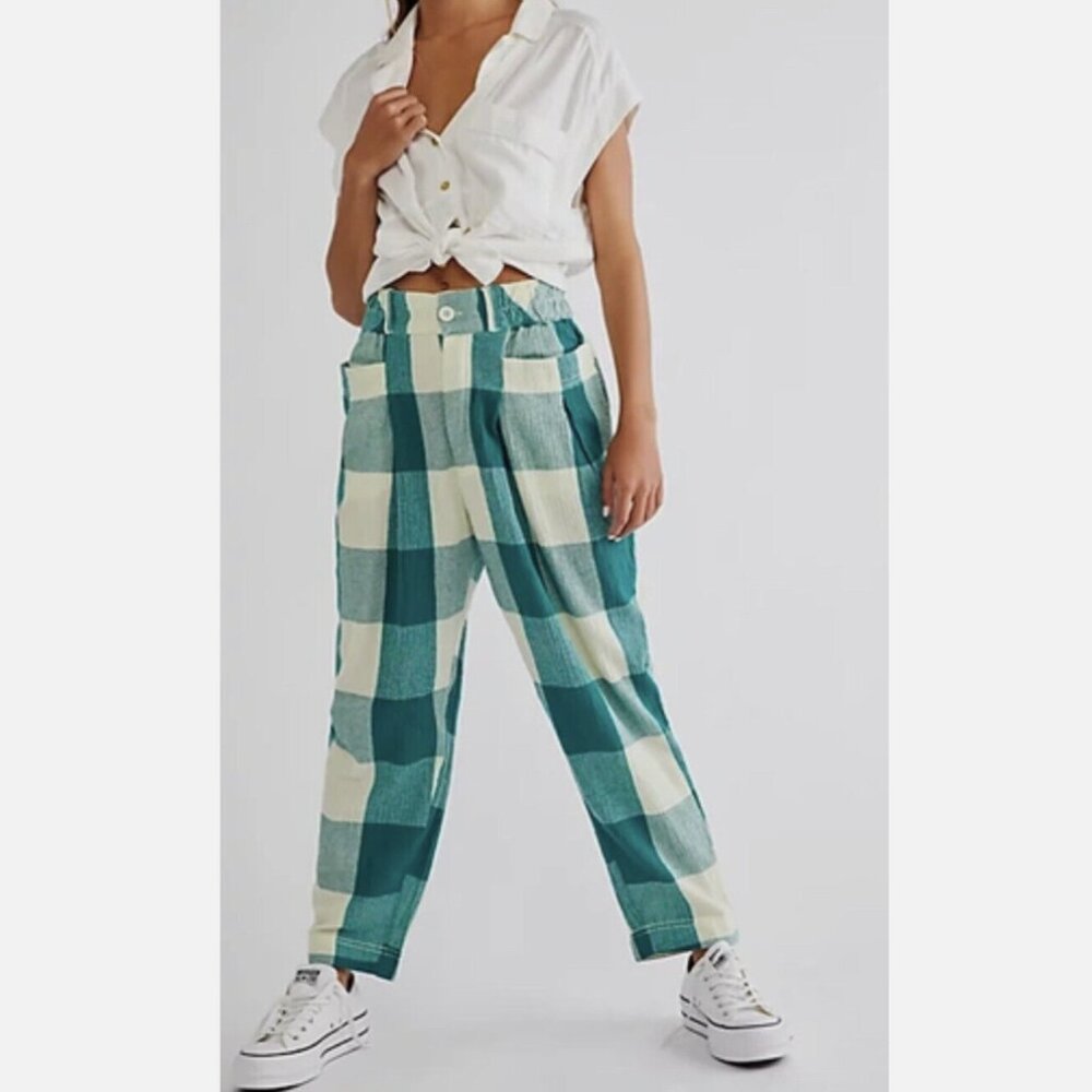 Free People High Rise Green Checkered Print Trousers